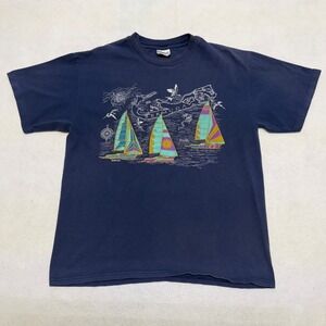 Vintage 90s Adult Large Bermuda Sailing Cotton T-Shirt Navy Single Stitch Heavy